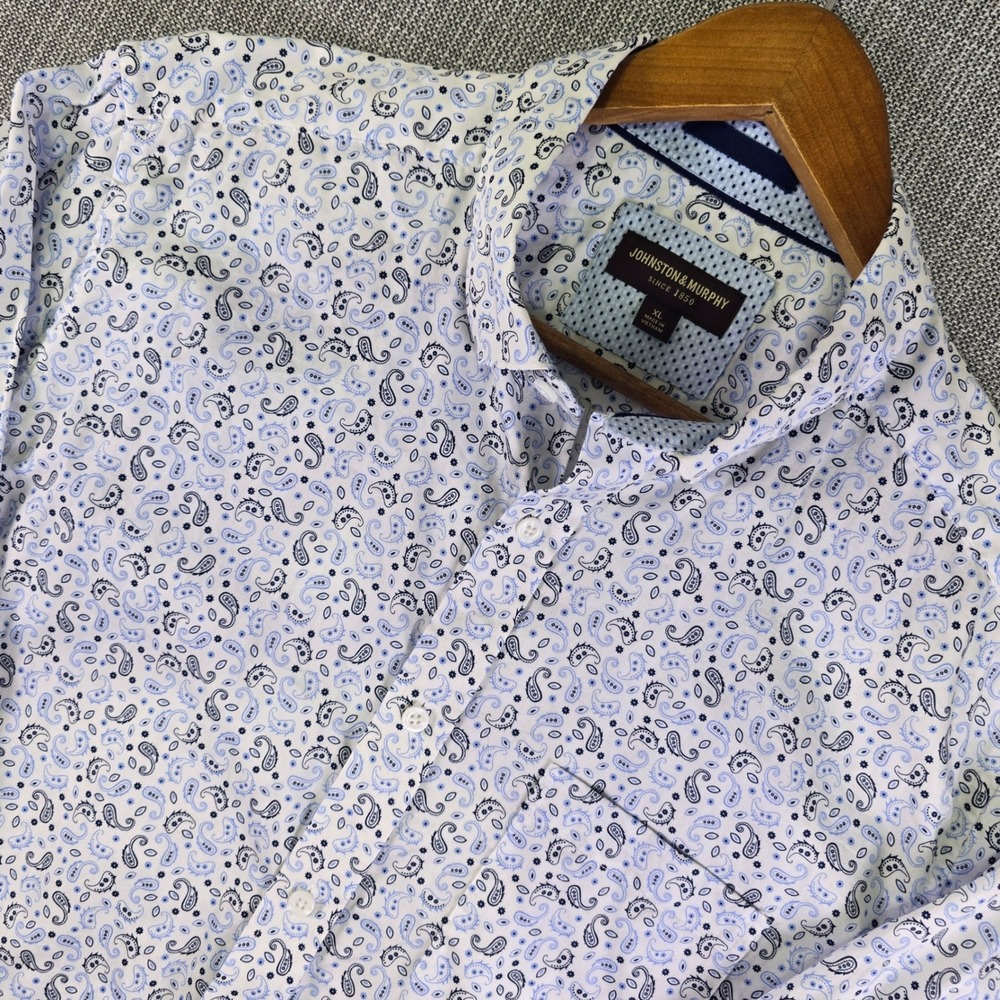 Johnston & Murphy Paisley Shirt Mens XL White Blue Button-Up AOP Classic Casual